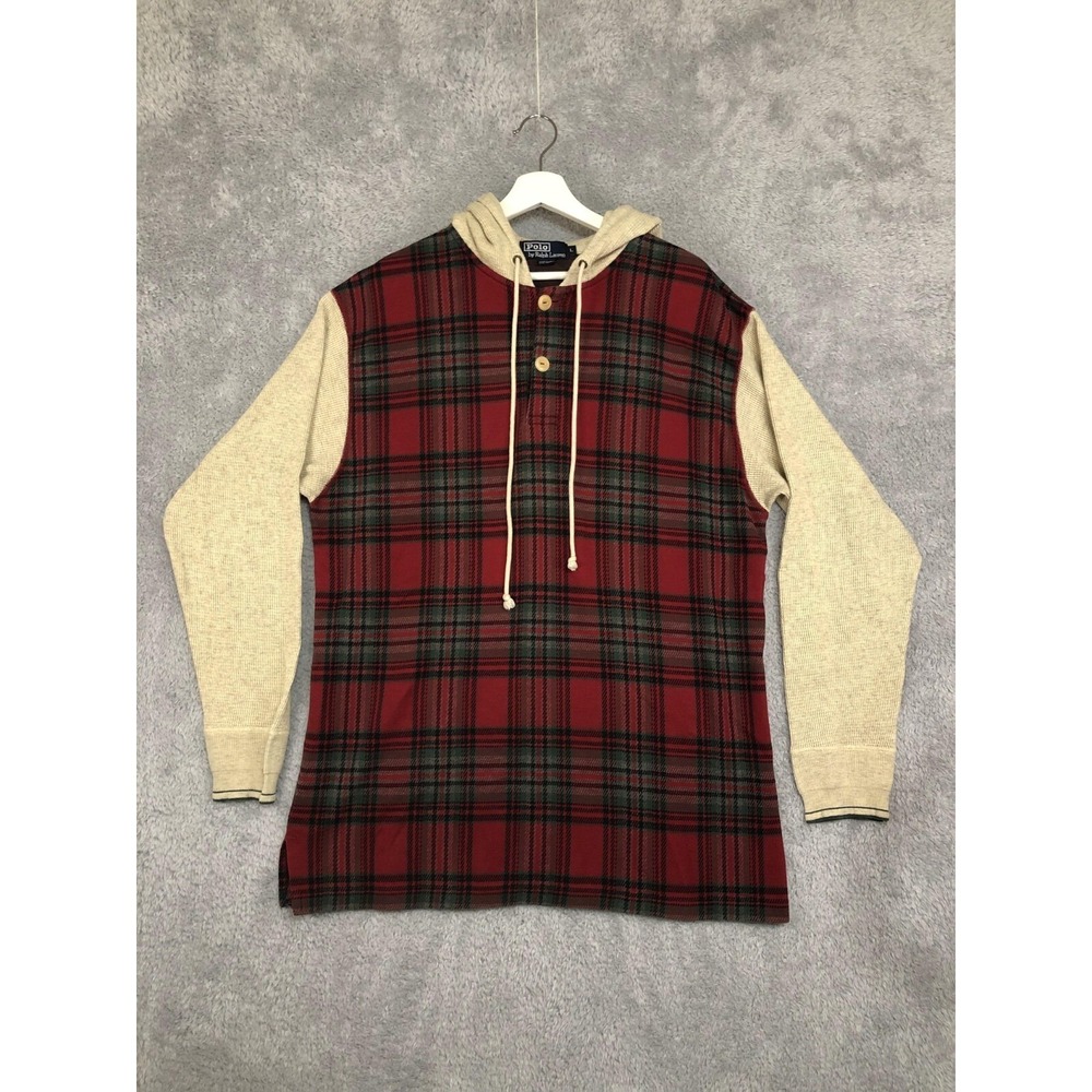 VTG Polo Ralph Lauren Hoodie Men's Size L Made in USA Plaid 1/4 button